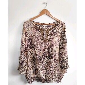 Chicos Blouse‎ 100% Silk Top Size 3 XL ( 16 ) Leopard Cheetah Beaded Neck Flowy